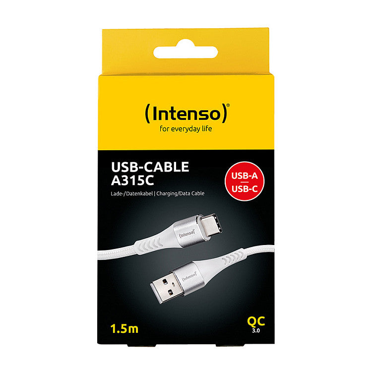 Intenso USB-Kabel A315C Nylon 1,5m weiß, USB-A und USB-C Anschluss, unterstützt Schnelladen (PD) bis 60W