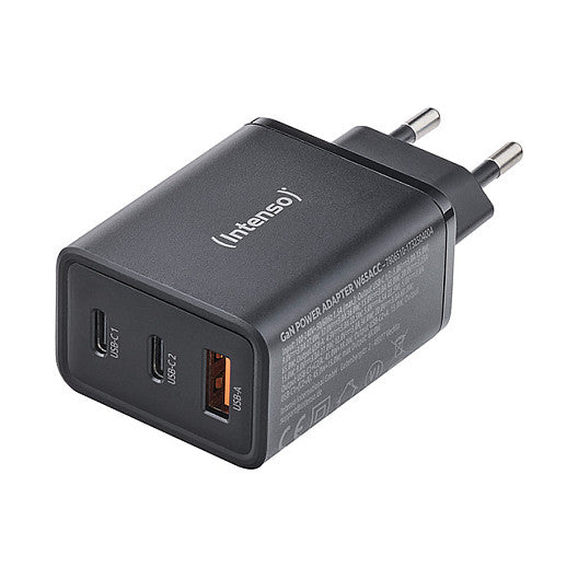 Intenso Power Adapter W65ACC Gan, Schwarz 65 Watt Netzteil, Zwei USB-C Anschlüsse und einem USB-A Anschluss