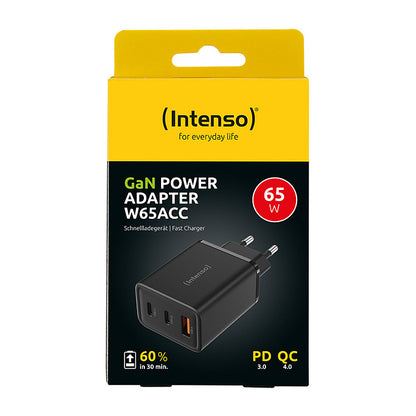 Intenso Power Adapter W65ACC Gan, Schwarz 65 Watt Netzteil, Zwei USB-C Anschlüsse und einem USB-A Anschluss