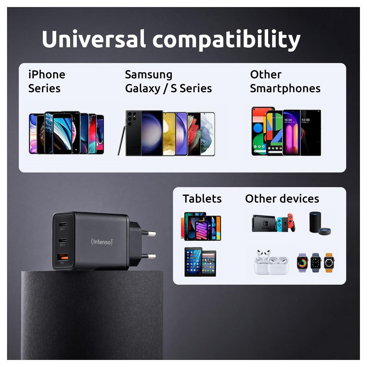 Intenso Power Adapter W65ACC Gan, Schwarz 65 Watt Netzteil, Zwei USB-C Anschlüsse und einem USB-A Anschluss