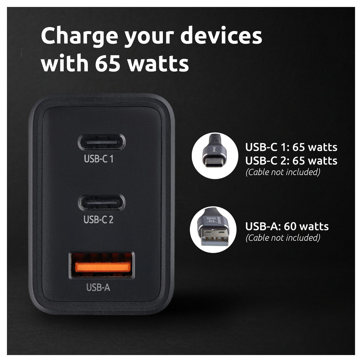 Intenso Power Adapter W65ACC Gan, Schwarz 65 Watt Netzteil, Zwei USB-C Anschlüsse und einem USB-A Anschluss