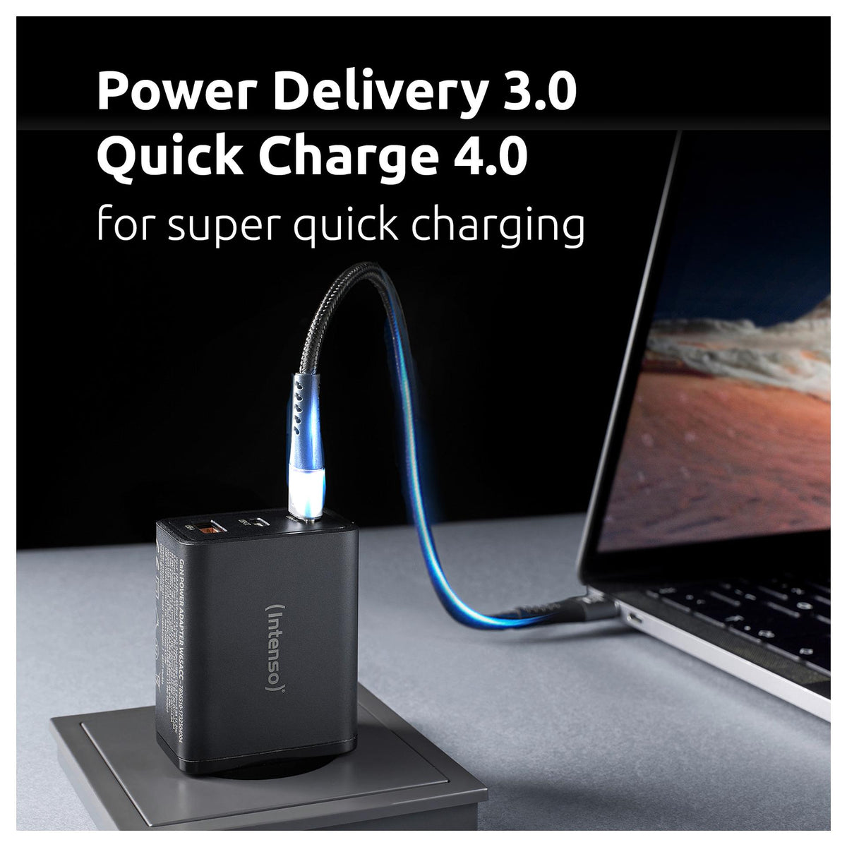 Intenso Power Adapter W65ACC Gan, Schwarz 65 Watt Netzteil, Zwei USB-C Anschlüsse und einem USB-A Anschluss