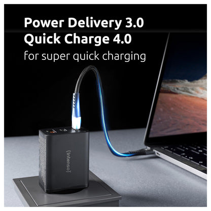 Intenso Power Adapter W65ACC Gan, Schwarz 65 Watt Netzteil, Zwei USB-C Anschlüsse und einem USB-A Anschluss