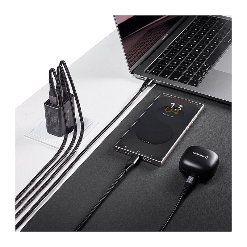 Intenso Power Adapter W65ACC Gan, Schwarz 65 Watt Netzteil, Zwei USB-C Anschlüsse und einem USB-A Anschluss