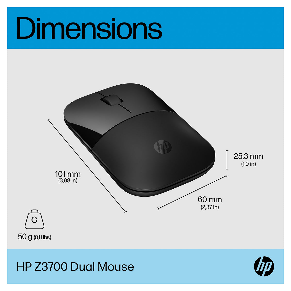 HP Z3700 - Maus - optisch - 3 Tasten - kabellos - Bluetooth 5.0, 2.4 GHz - kabelloser Empfänger (USB)
