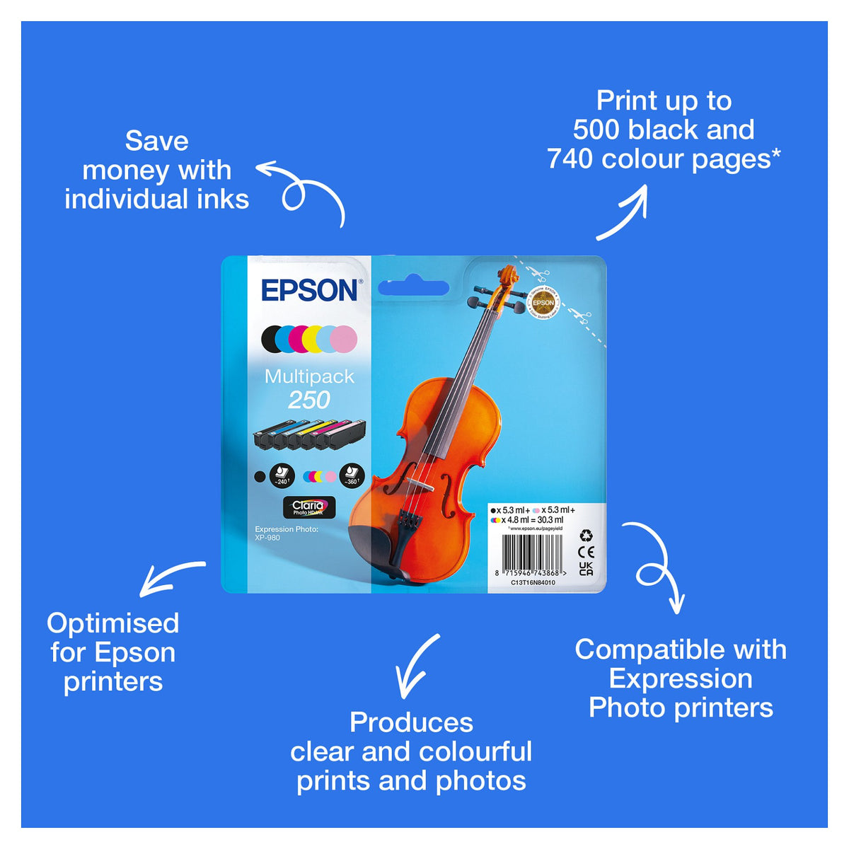 EPSON C13T16N84010 Multipack 6 Farben 250 Violin Claria Photo HD Tinte (BK, C, M, Y, HM, HC)