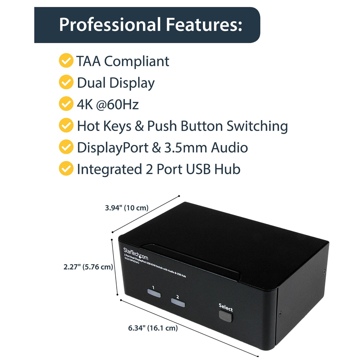 STARTECH.COM DisplayPort KVM Switch - 2 Port - Dual-Display - 4k 60hz - USB Hub - Audio and Microphone