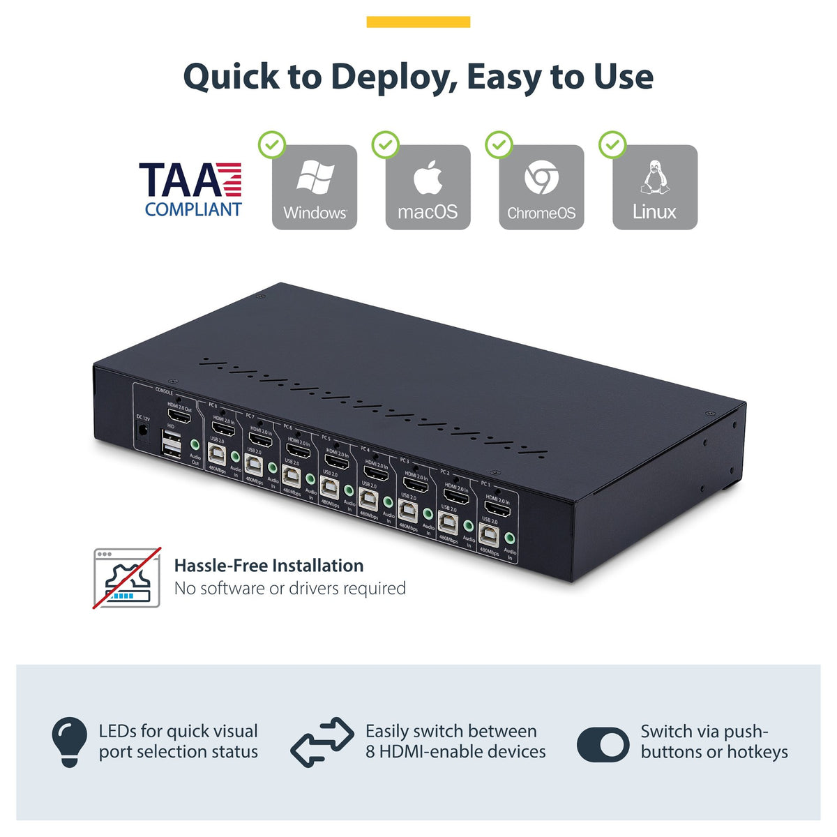 StarTech.com 8-Port HDMI KVM Switch w/1U Rack Mount Kit, 4K 60Hz