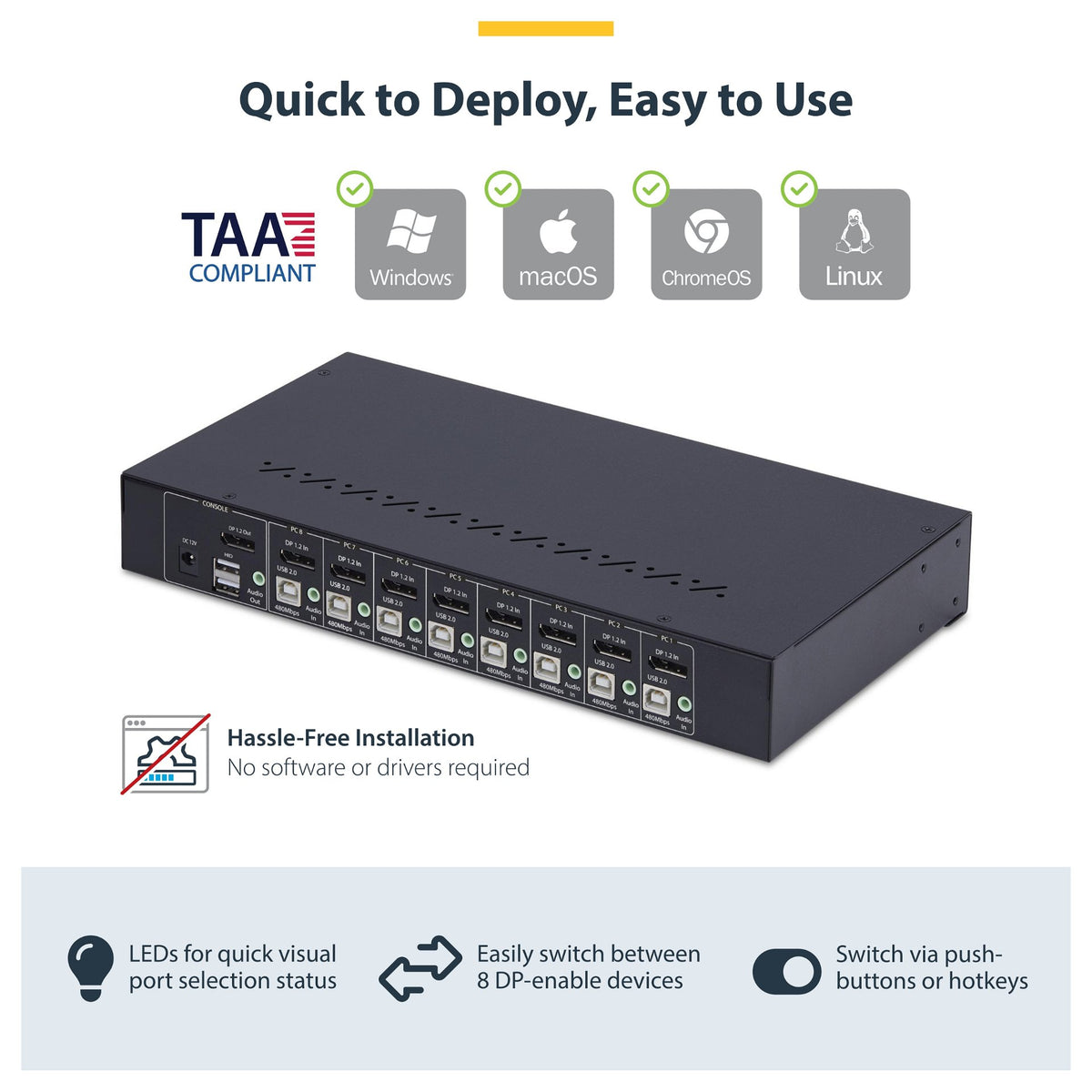 STARTECH.COM 8 Port DisplayPort KVM Switch 1HE Rackmount Satz 4K 60Hz DP 1.2 KVM Umschalter Taste/Hotkey TAA