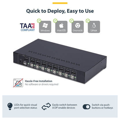 STARTECH.COM 8 Port DisplayPort KVM Switch 1HE Rackmount Satz 4K 60Hz DP 1.2 KVM Umschalter Taste/Hotkey TAA