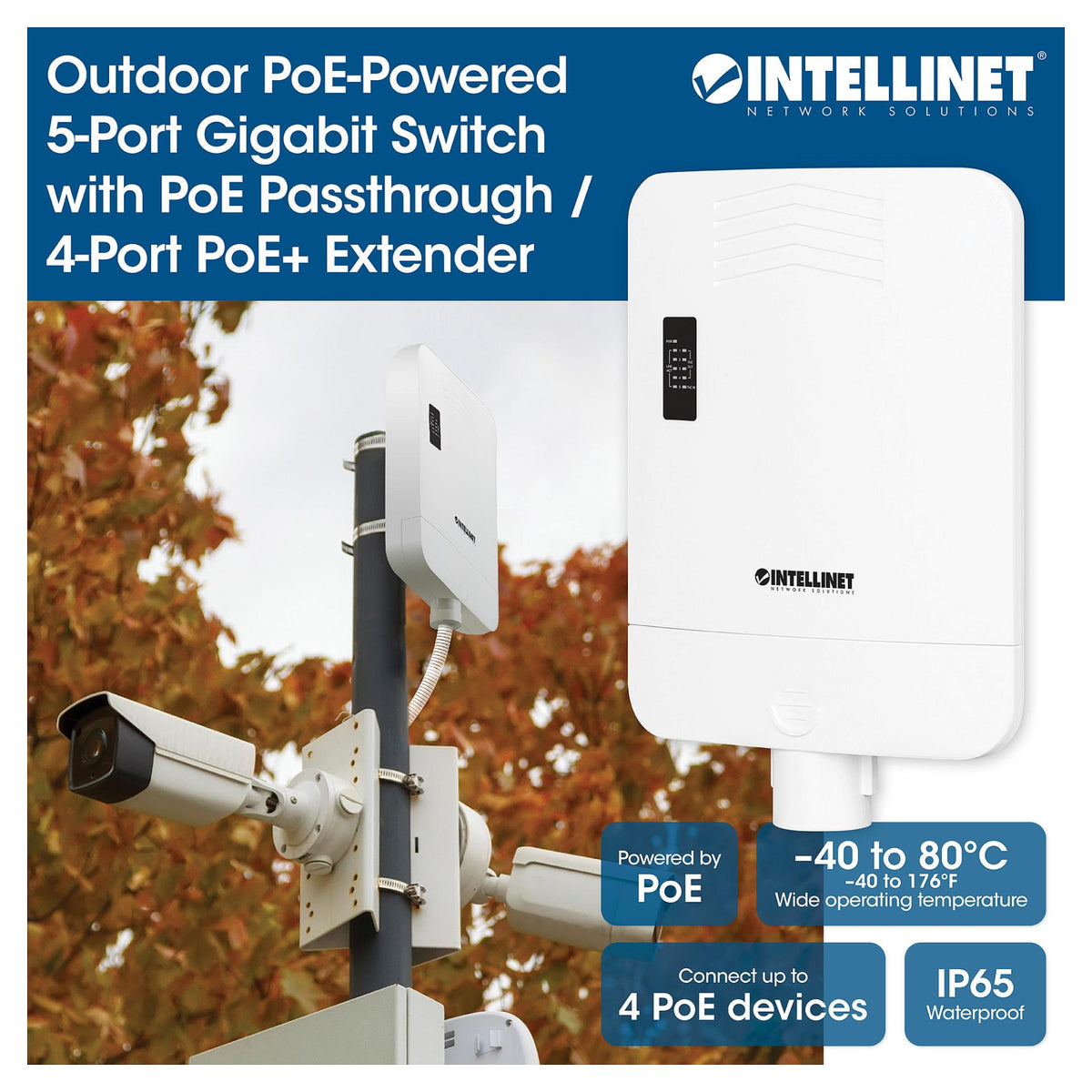 INTELLINET Outdoor 5-Port Gig PoE Switch Passthrough