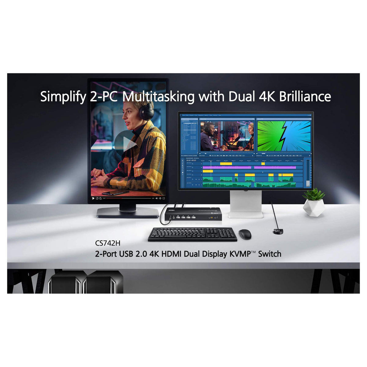 ATEN CS742H 2 Port USB 4K HDMI Dual Display KVM Switch