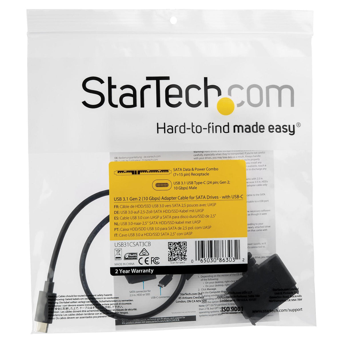StarTech USB 3.1 Gen 2 to 2.5in SATA Adapter with Integrated Cable Typ