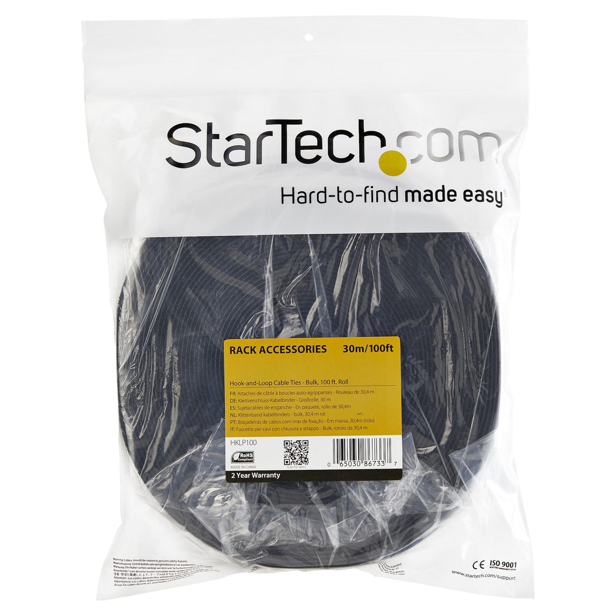 StarTech Hook-and-Loop Cable Management Tie - 100 ft. Bulk Roll - Black - Cut-to-Size Cable Wrap / Straps