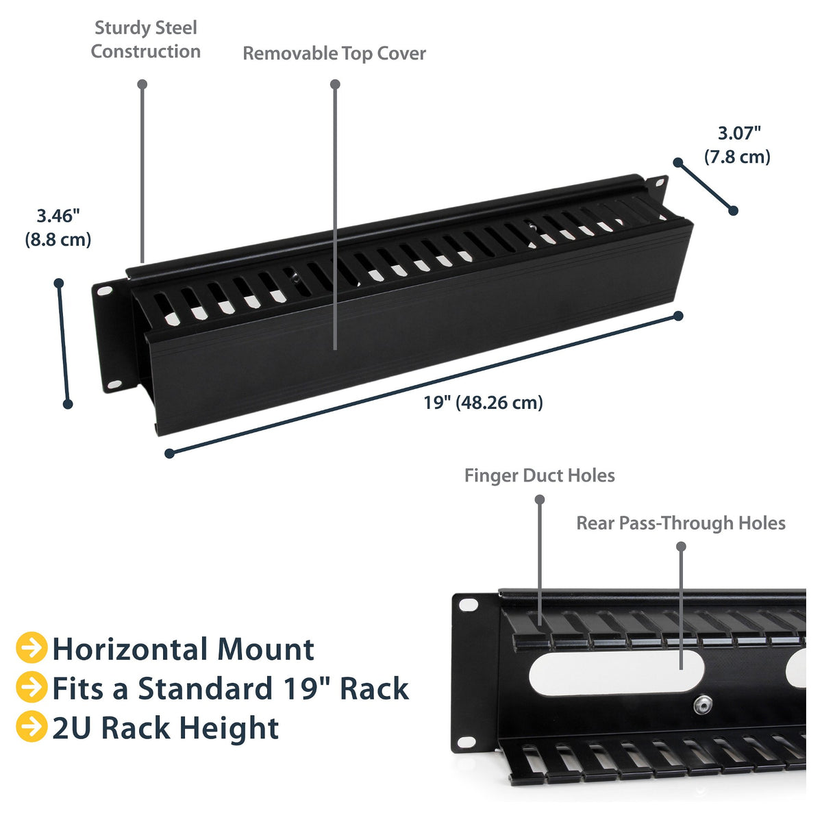 StarTech 2U Horizontal Finger Duct Rack Cable Management Panel with Cover