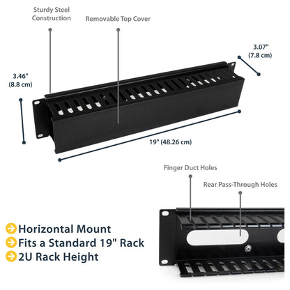 StarTech 2U Horizontal Finger Duct Rack Cable Management Panel with Cover