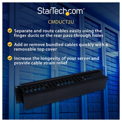 StarTech 2U Horizontal Finger Duct Rack Cable Management Panel with Cover