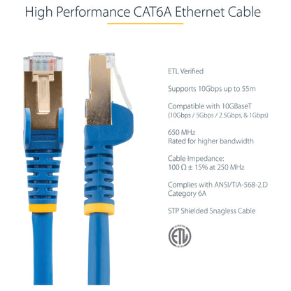 StarTech CAT6a Ethernet Cable - 3m - Blue Network Cable - Snagless RJ45 Cable - Ethernet Cord - 3m / 10ft