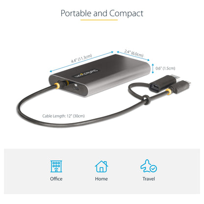 StarTech USB-C to Dual-HDMI Adapter, USB-C or A to 2x HDMI, 4K 60Hz, 100W PD Pass-Through, 1ft (30cm)