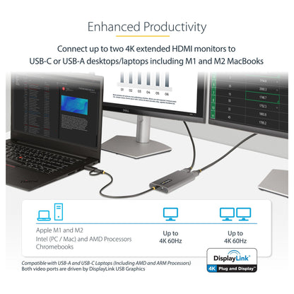 StarTech USB-C to Dual-HDMI Adapter, USB-C or A to 2x HDMI, 4K 60Hz, 100W PD Pass-Through, 1ft (30cm)