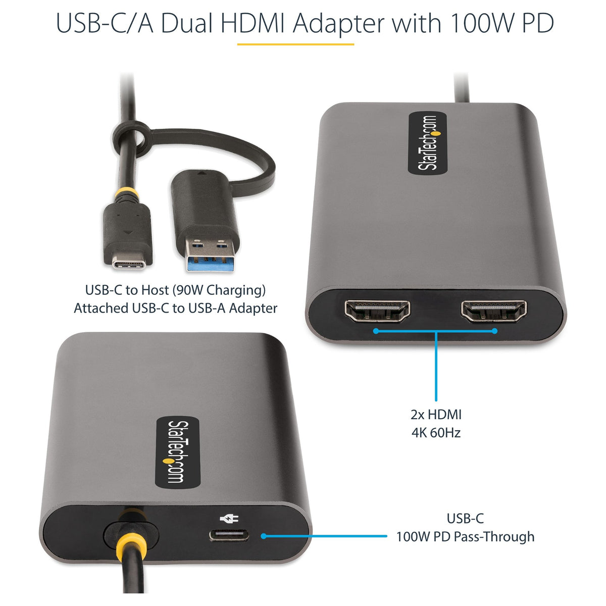 StarTech USB-C to Dual-HDMI Adapter, USB-C or A to 2x HDMI, 4K 60Hz, 100W PD Pass-Through, 1ft (30cm)