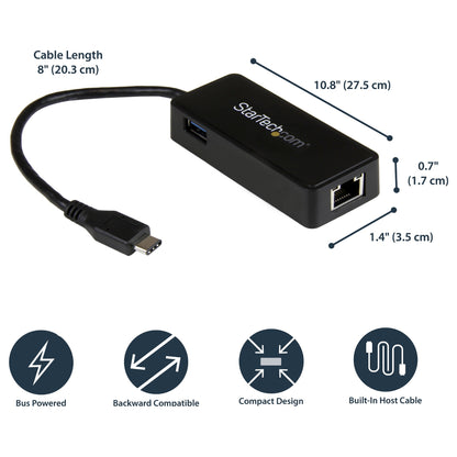 StarTech USB-C auf Gigabit Netzwerkadapter mit extra USB Anschluss - USB 3.1 Gen 1 (5 Gbit/s)