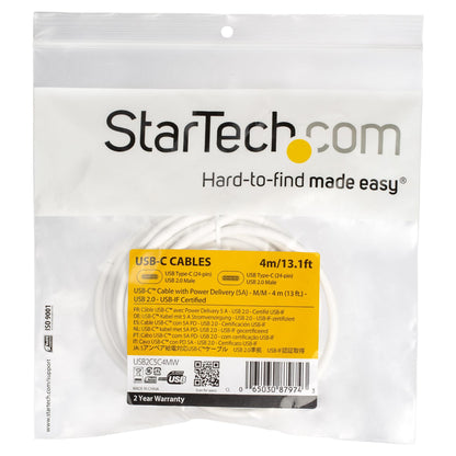 StarTech USB-C auf USB-C Kabel mit 5A Power Delivery - St/St - Weiss - 4m - USB 2.0 - USB-IF zertifiziert - USB Typ C Kabel