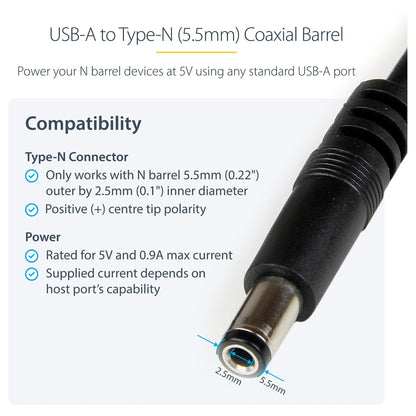 StarTech USB to 5.5mm Power Cable - Type N Barrel - 1m