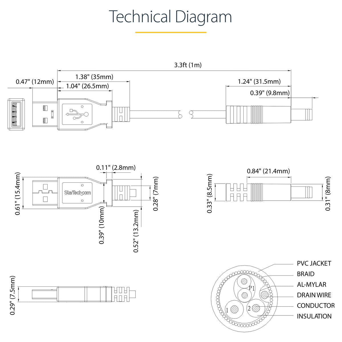 StarTech USB to 5.5mm Power Cable - Type N Barrel - 1m