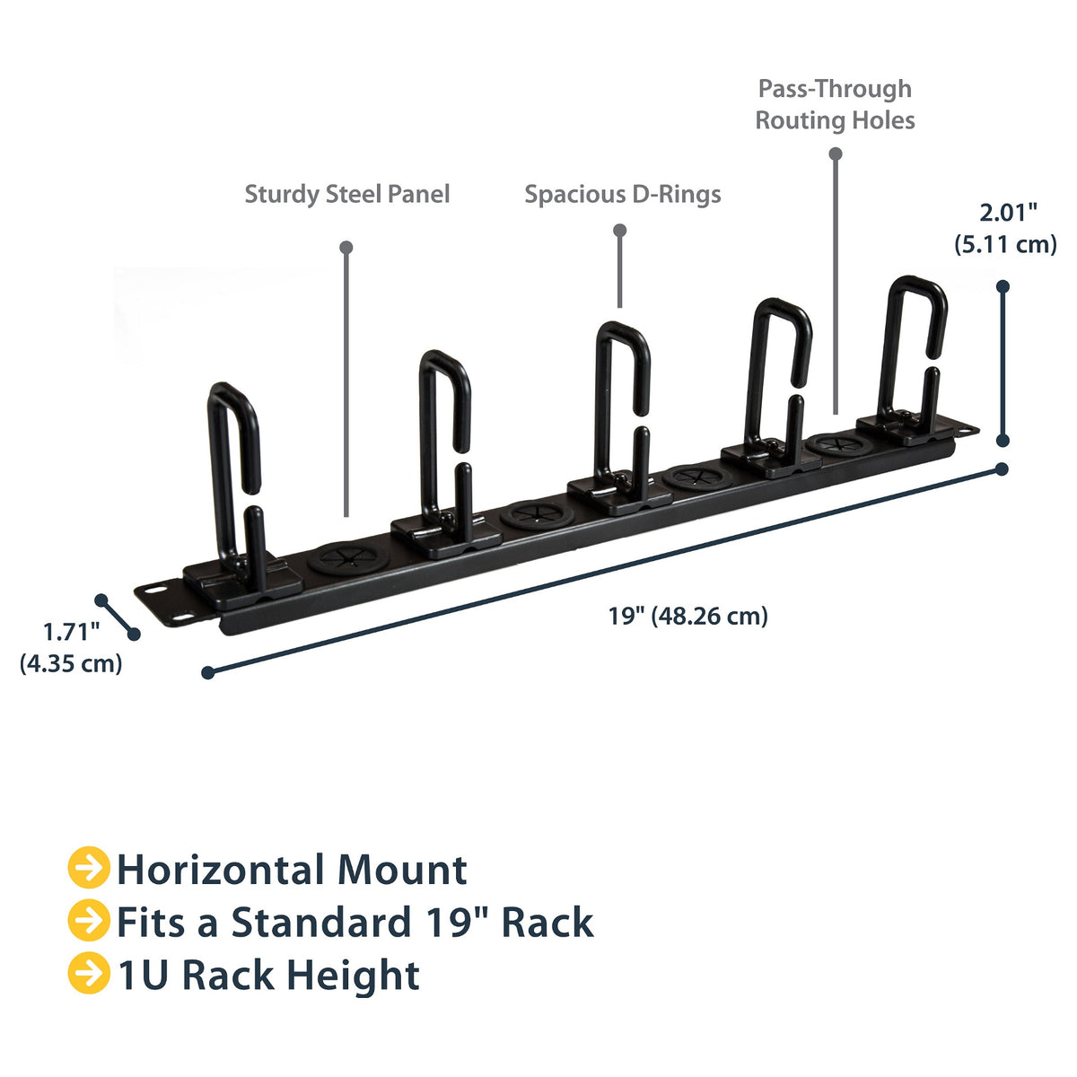 StarTech Server Rack Cable Management - with Holes - 1U - D-Ring Hooks - Horizontal - Cable Organizer - Cord Management