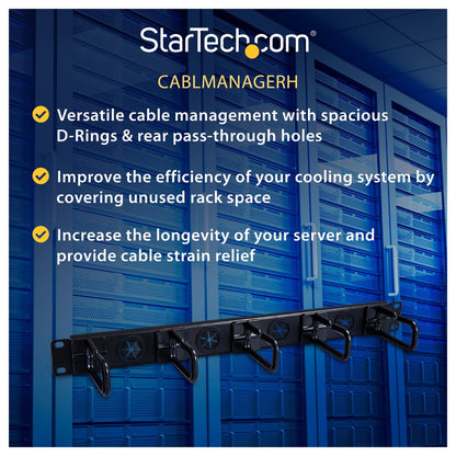StarTech Server Rack Cable Management - with Holes - 1U - D-Ring Hooks - Horizontal - Cable Organizer - Cord Management