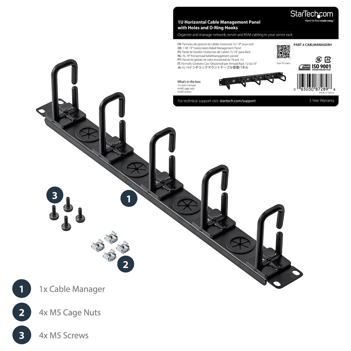 StarTech Server Rack Cable Management - with Holes - 1U - D-Ring Hooks - Horizontal - Cable Organizer - Cord Management