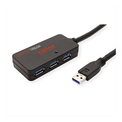 ROLINE USB 3.2 Gen 1 4-Port Hub mit Repeater, schwarz, 10 m
