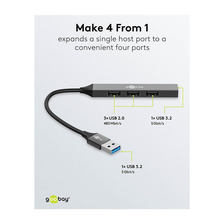 Goobay Slim 4-Port USB-Hub, USB-A auf USB-A, 5 Gbit/s