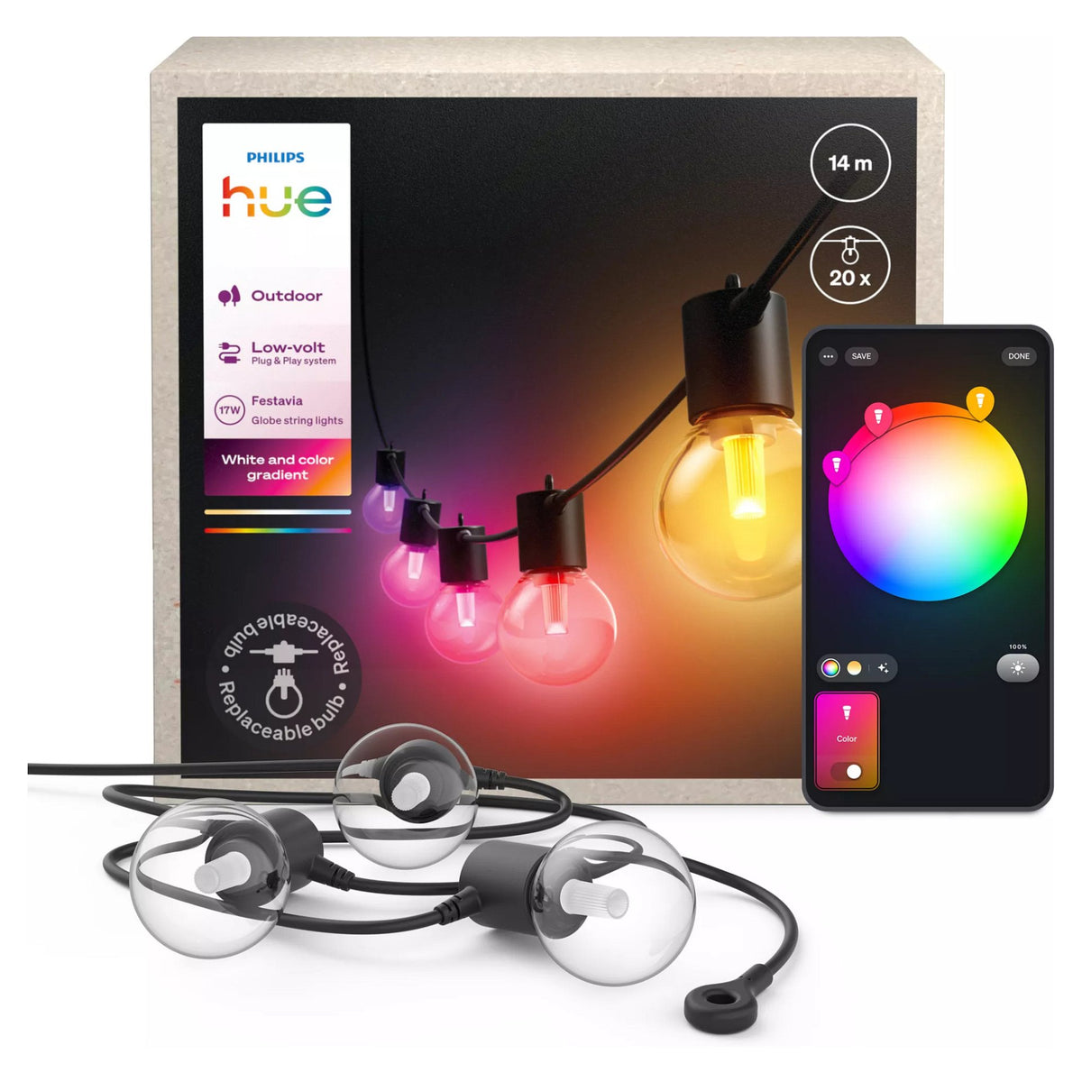 Philips Hue Festavia Globe Außenlichterkette, White and Color Ambiance, 14 m Länge, 20 Lampenkugeln, dimmbar, Steuerung per Hue App