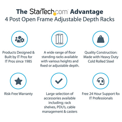 25U Adjustable Depth Open Frame 4 Post Server Rack w/ Casters Levelers and Cable Management Hooks
