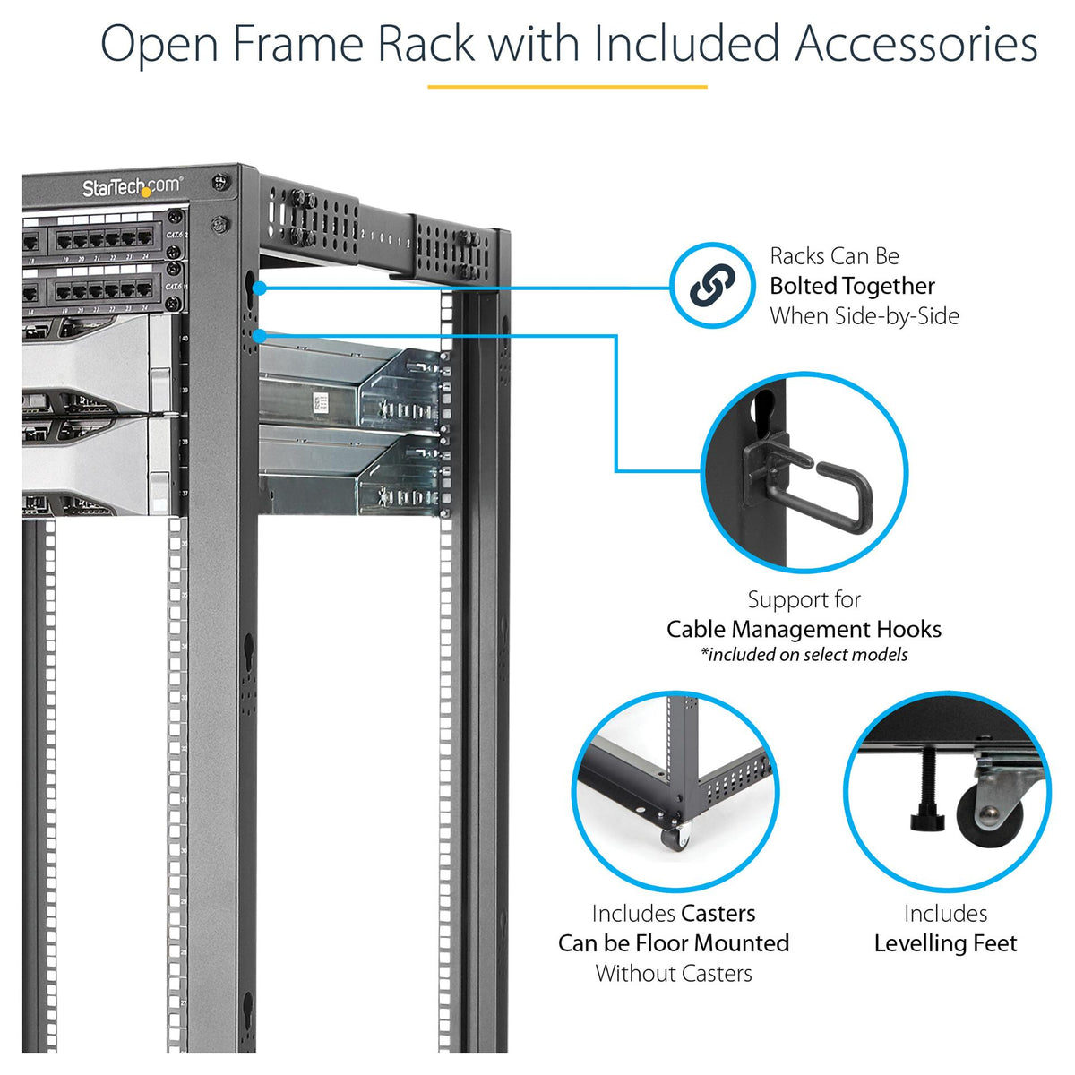 25U Adjustable Depth Open Frame 4 Post Server Rack w/ Casters Levelers and Cable Management Hooks