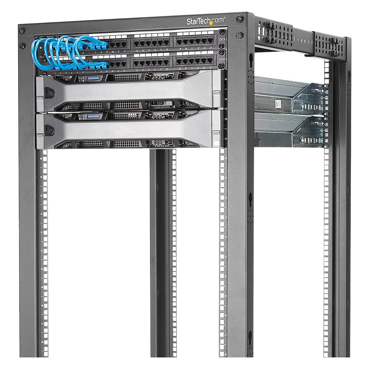 25U Adjustable Depth Open Frame 4 Post Server Rack w/ Casters Levelers and Cable Management Hooks