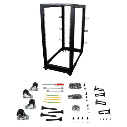 25U Adjustable Depth Open Frame 4 Post Server Rack w/ Casters Levelers and Cable Management Hooks