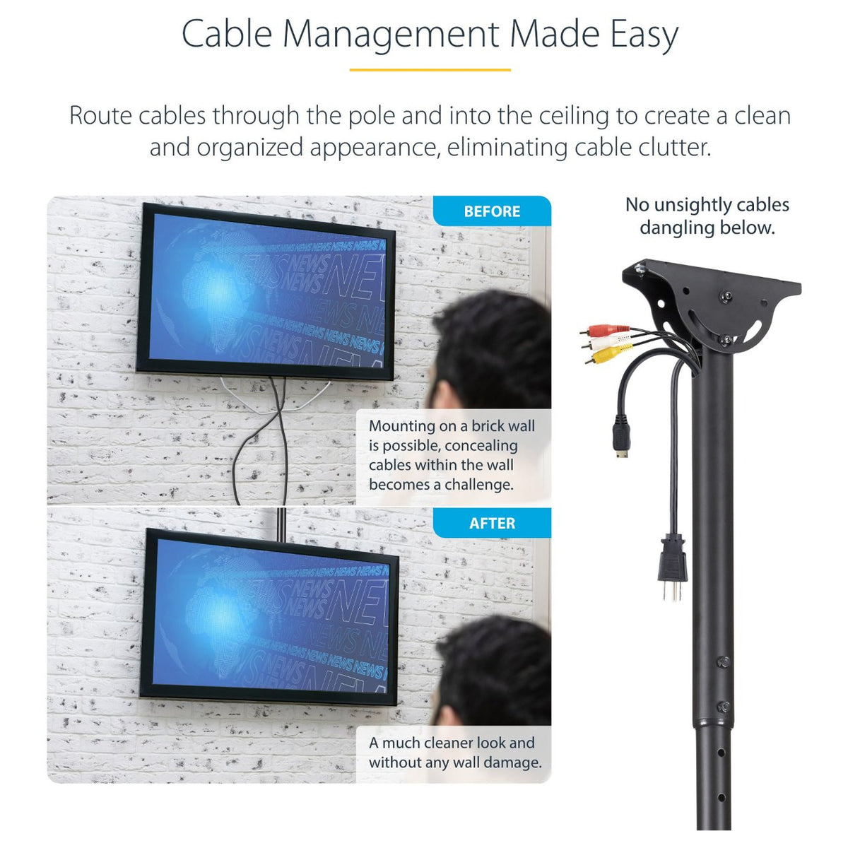 STARTECH.COM TV Deckenhalterung - 2,5m bis 3m Stange-Vollbewegliche Fernsehhalterung-TV VESA Halterung 32 bis 70Zoll (81cm - 178cm)