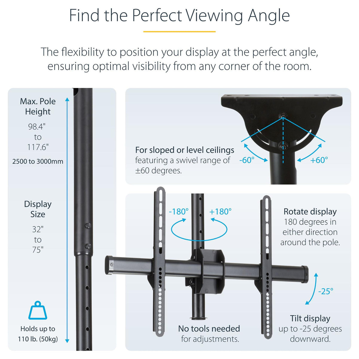 STARTECH.COM TV Deckenhalterung - 2,5m bis 3m Stange-Vollbewegliche Fernsehhalterung-TV VESA Halterung 32 bis 70Zoll (81cm - 178cm)