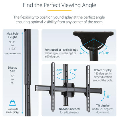 STARTECH.COM TV Deckenhalterung - 2,5m bis 3m Stange-Vollbewegliche Fernsehhalterung-TV VESA Halterung 32 bis 70Zoll (81cm - 178cm)