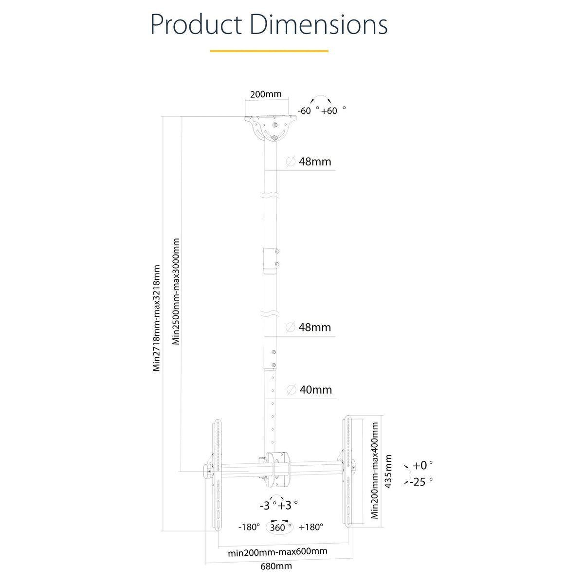STARTECH.COM TV Deckenhalterung - 2,5m bis 3m Stange-Vollbewegliche Fernsehhalterung-TV VESA Halterung 32 bis 70Zoll (81cm - 178cm)