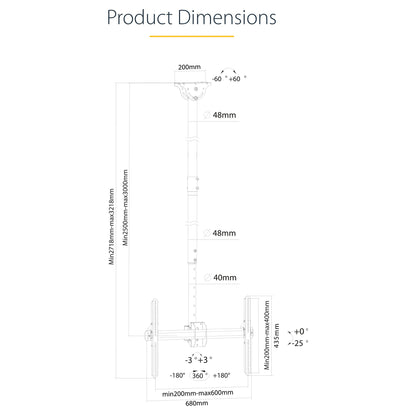 STARTECH.COM TV Deckenhalterung - 2,5m bis 3m Stange-Vollbewegliche Fernsehhalterung-TV VESA Halterung 32 bis 70Zoll (81cm - 178cm)