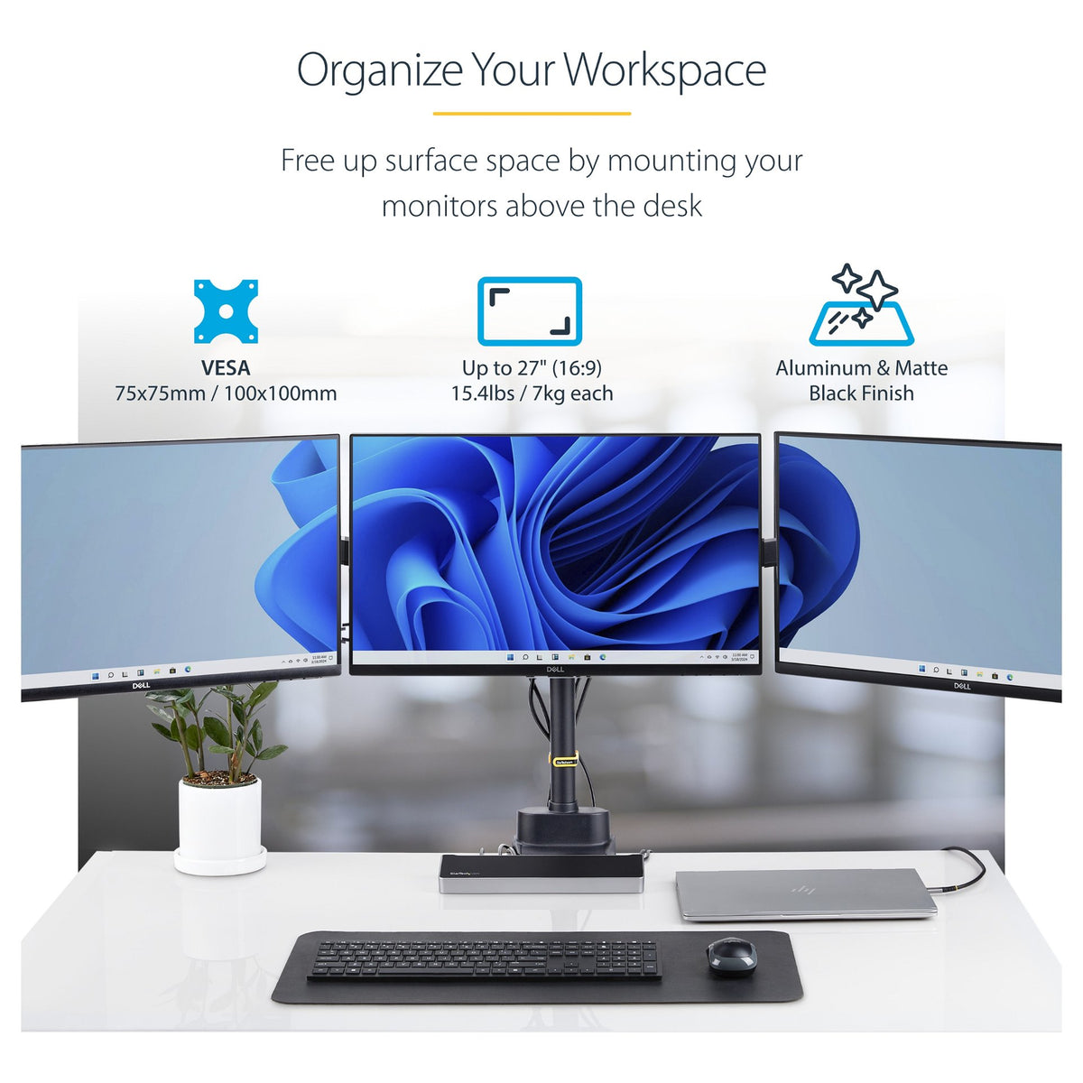 StarTech.com Monitortischhalterung, 3x 27 in Monitore, VESA 75x75/100x100 - Befestigungskit - einstellbarer Arm - für 3 LCD-Anzeigen