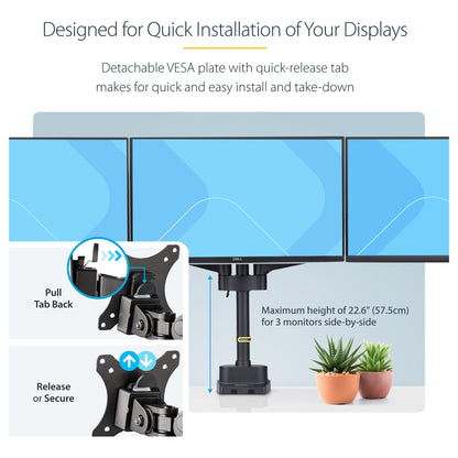 StarTech.com Monitortischhalterung, 3x 27 in Monitore, VESA 75x75/100x100 - Befestigungskit - einstellbarer Arm - für 3 LCD-Anzeigen