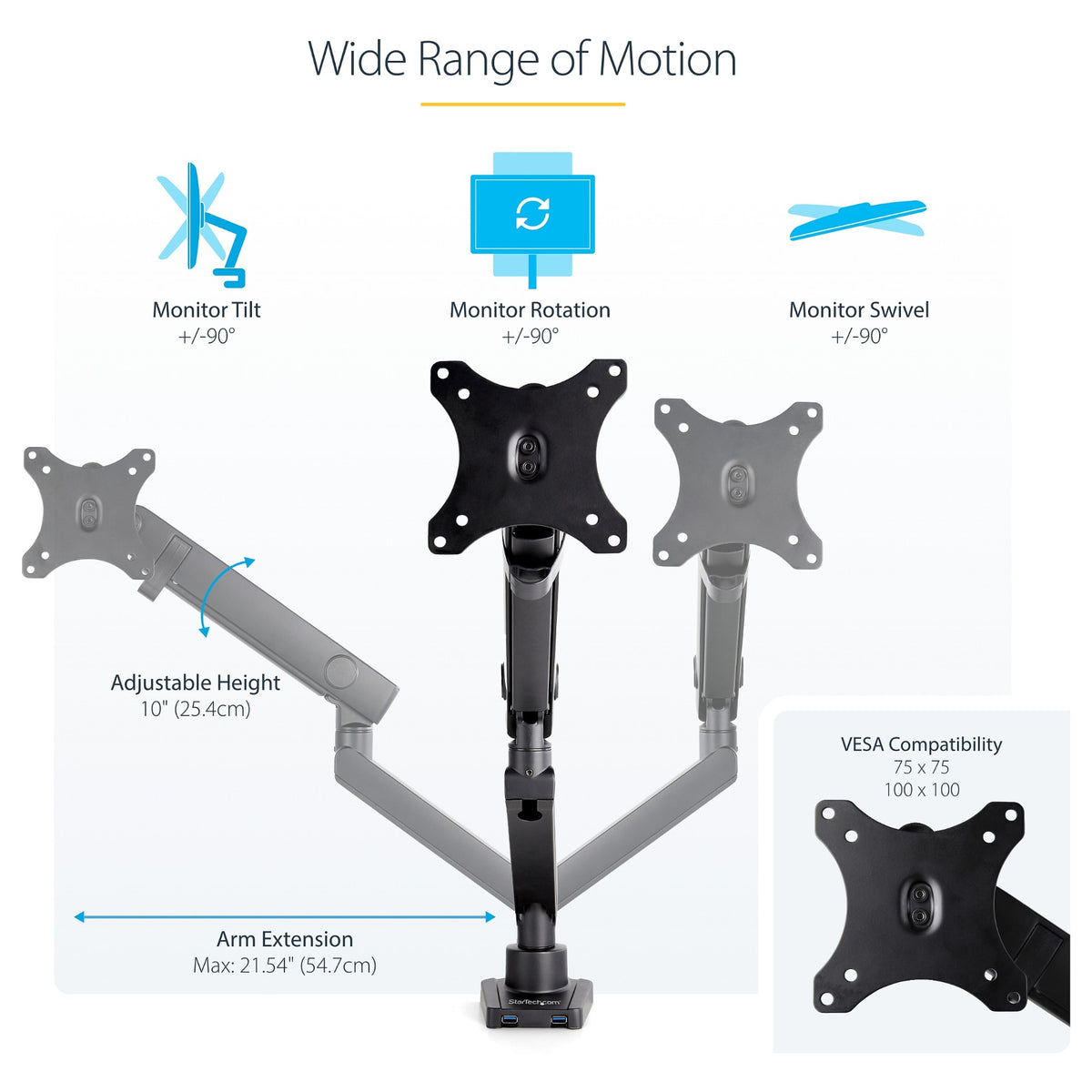 StarTech.com Desk Mount Monitor Arm with 2x USB 3.0 ports, Slim Full Motion Adjustable Single Monitor VESA Mount up to 17.6lbs (8kg)