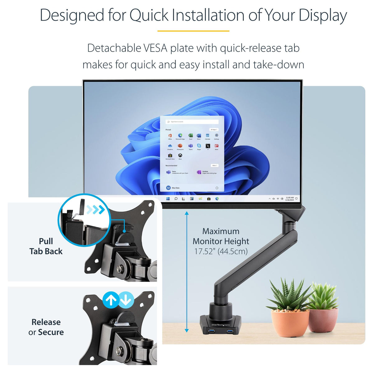 StarTech.com Desk Mount Monitor Arm with 2x USB 3.0 ports, Slim Full Motion Adjustable Single Monitor VESA Mount up to 17.6lbs (8kg)