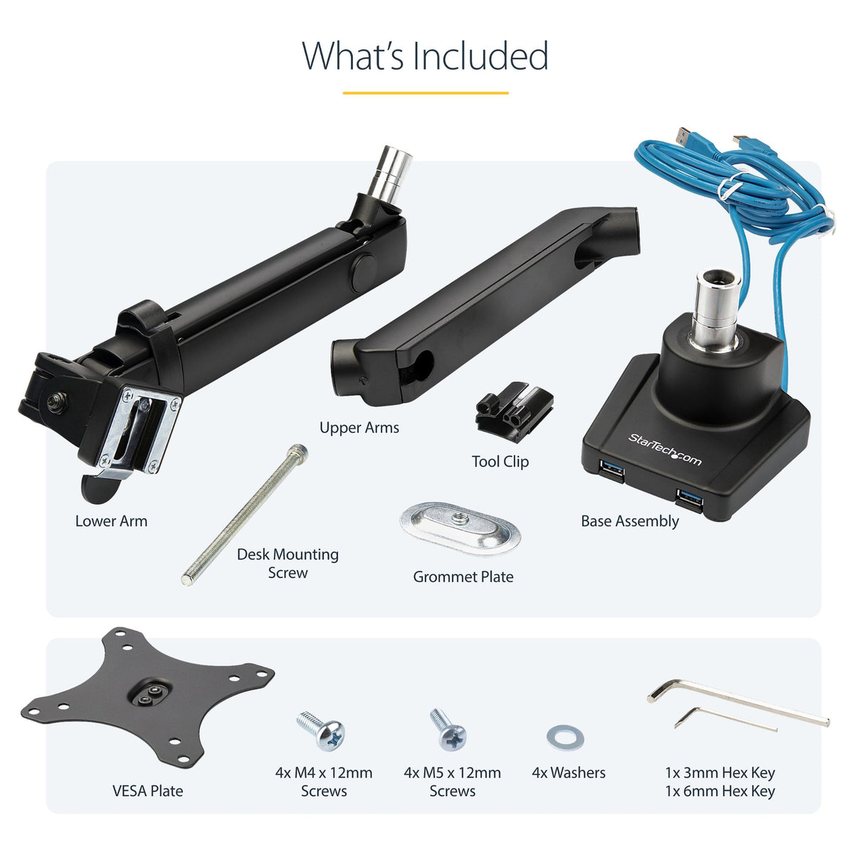 StarTech.com Desk Mount Monitor Arm with 2x USB 3.0 ports, Slim Full Motion Adjustable Single Monitor VESA Mount up to 17.6lbs (8kg)