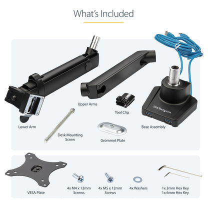 StarTech.com Desk Mount Monitor Arm with 2x USB 3.0 ports, Slim Full Motion Adjustable Single Monitor VESA Mount up to 17.6lbs (8kg)